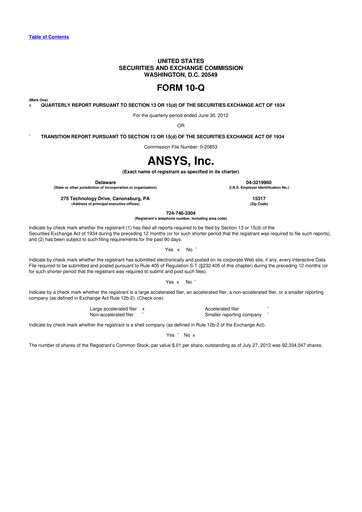 Vorschaubild Ansys 10-Q Quartalsbericht 2012 