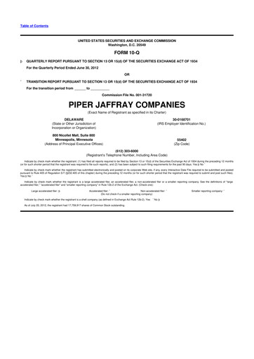 Miniature Piper Sandler
 10-Q Rapport trimestriel 2012 