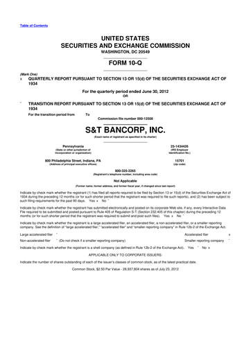 Thumbnail S&T Bancorp 10-Q Quarterly Report FY2012 