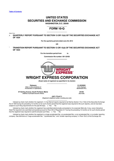 Thumbnail WEX 10-Q Quarterly Report FY2012 