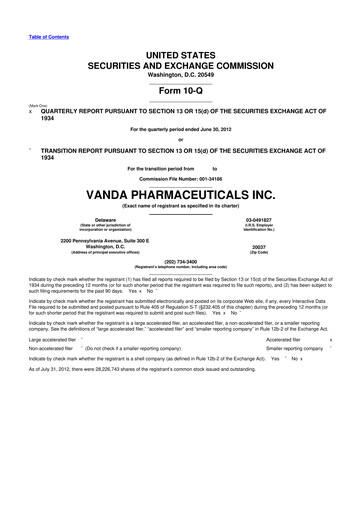 Miniature Vanda Pharmaceuticals 10-Q Rapport trimestriel 2012 