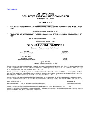 Thumbnail Old National Bank
 10-Q Quarterly Report FY2012 