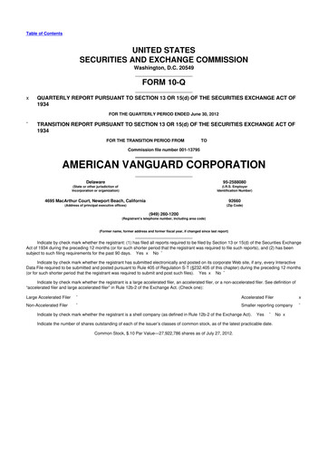 Miniature American Vanguard 10-Q Rapport trimestriel 2012 