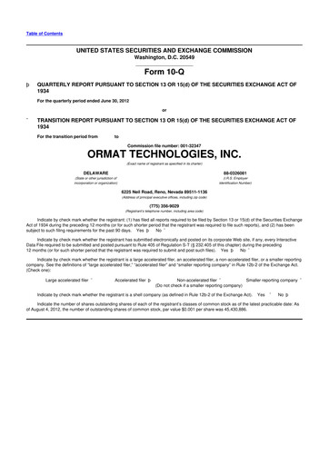 Miniature Ormat Technologies
 10-Q Rapport trimestriel 2012 