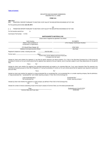 Thumbnail Martin Marietta Materials 10-Q Quarterly Report FY2012 