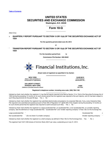 Thumbnail Financial Institutions 10-Q Quarterly Report FY2012 
