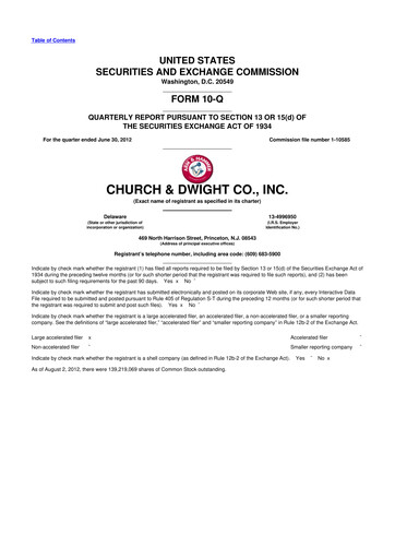 Thumbnail Church & Dwight
 10-Q Quarterly Report FY2012 