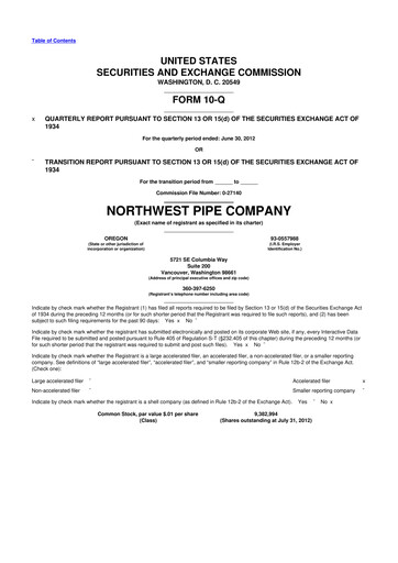 Thumbnail Northwest Pipe Company
 10-Q Quarterly Report FY2012 