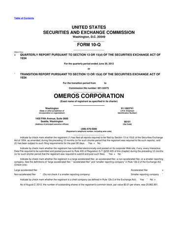 Vorschaubild Omeros Corporation 10-Q Quartalsbericht 2012 