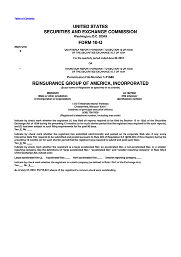 Miniature Reinsurance Group of America
 10-Q Rapport trimestriel 2012 