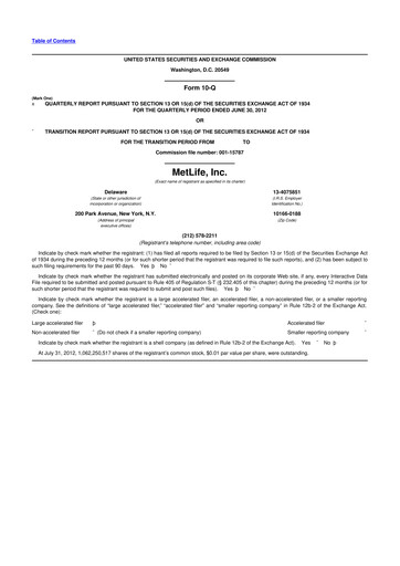 Thumbnail MetLife 10-Q Quarterly Report FY2012 