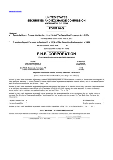 Thumbnail F.N.B. Corporation
 10-Q Quarterly Report FY2012 