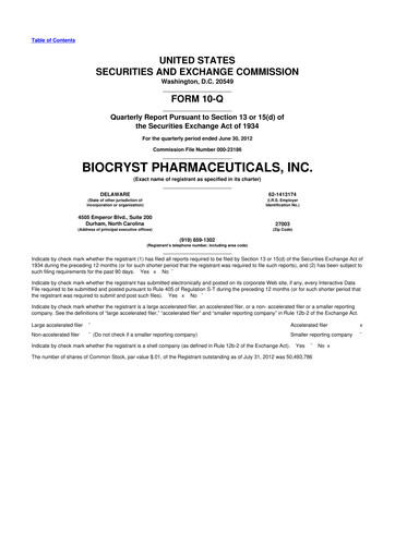 Thumbnail BioCryst Pharmaceuticals
 10-Q Quarterly Report FY2012 