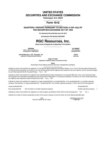 Miniature RGC Resources 10-Q Rapport trimestriel 2012 