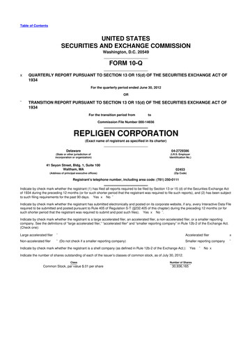 Miniature Repligen
 10-Q Rapport trimestriel 2012 