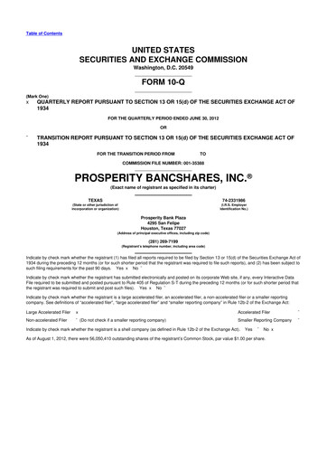 Thumbnail Prosperity Bancshares
 10-Q Quarterly Report FY2012 