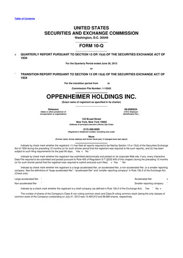 Thumbnail Oppenheimer Holdings
 10-Q Quarterly Report FY 