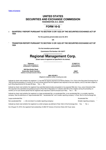 Thumbnail Regional Management Corp.
 10-Q Quarterly Report FY2012 