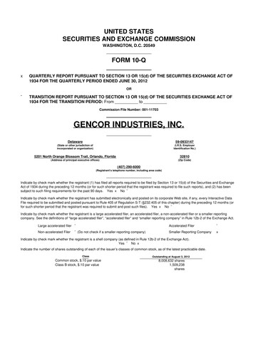 Miniature Gencor Industries
 10-Q Rapport trimestriel 2012 