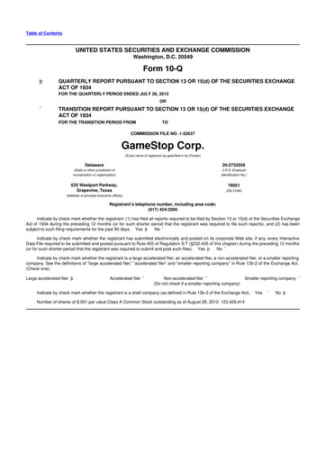 Miniature GameStop
 10-Q Rapport trimestriel 2012 