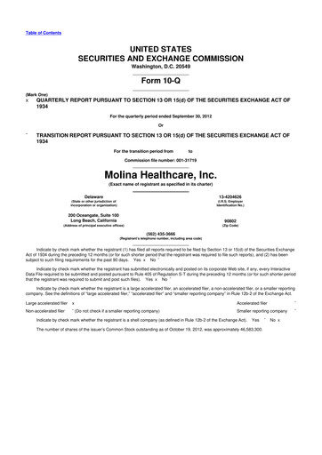 Thumbnail Molina Healthcare
 10-Q Quarterly Report FY2012 