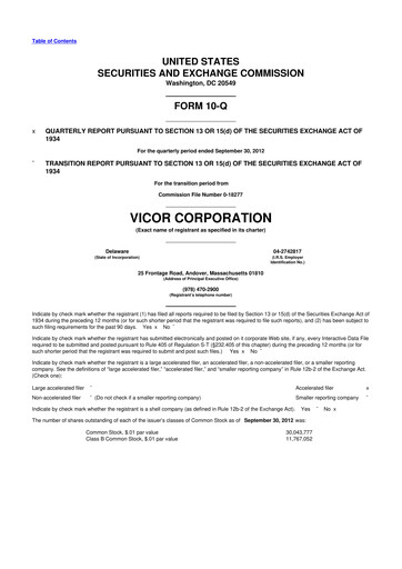 Miniature Vicor
 10-Q Rapport trimestriel 2012 