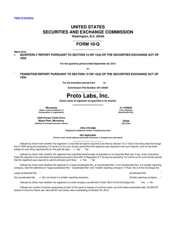 Thumbnail Protolabs 10-Q Quarterly Report FY2012 