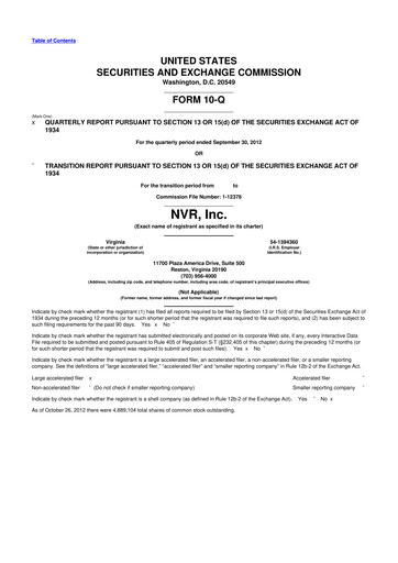 Miniature NVR 10-Q Rapport trimestriel 2012 