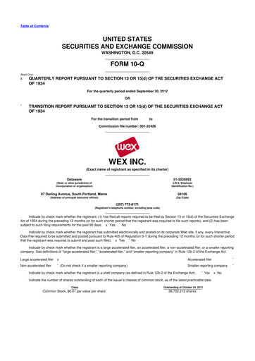 Thumbnail WEX 10-Q Quarterly Report FY2012 