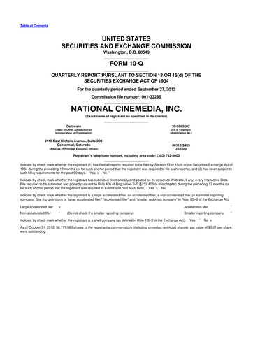 Thumbnail National CineMedia 10-Q Quarterly Report FY2012 