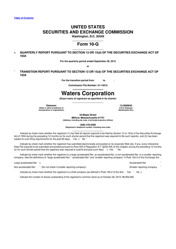 Thumbnail Waters Corporation 10-Q Quarterly Report FY2012 