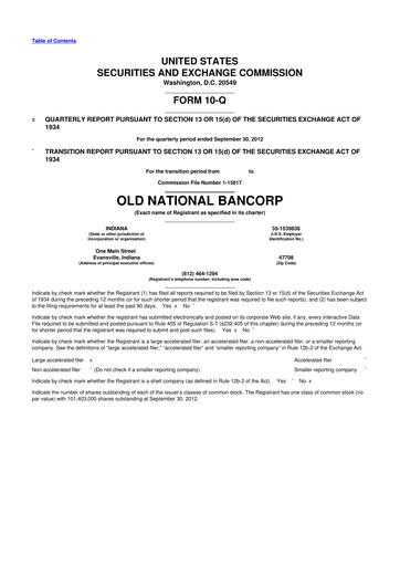 Thumbnail Old National Bank
 10-Q Quarterly Report FY2012 
