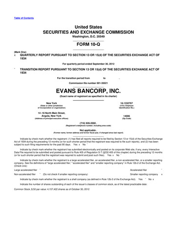 Thumbnail Evans Bancorp 10-Q Quarterly Report FY2012 