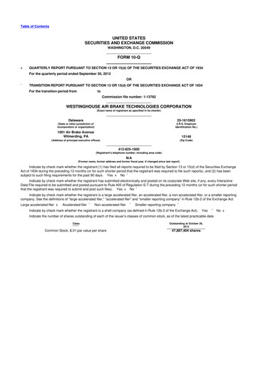 Miniature Wabtec 10-Q Rapport trimestriel 2012 