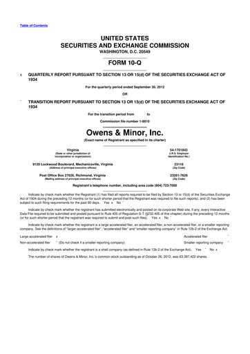 Thumbnail Owens & Minor

 10-Q Quarterly Report FY2012 