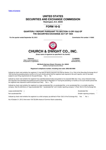 Thumbnail Church & Dwight
 10-Q Quarterly Report FY2012 