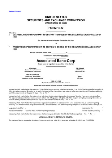 Thumbnail Associated Banc-Corp
 10-Q Quarterly Report FY2012 