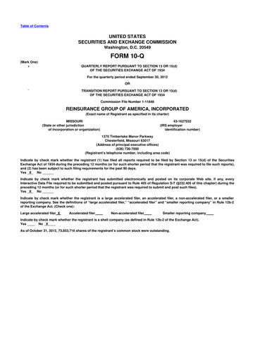 Miniature Reinsurance Group of America
 10-Q Rapport trimestriel 2012 