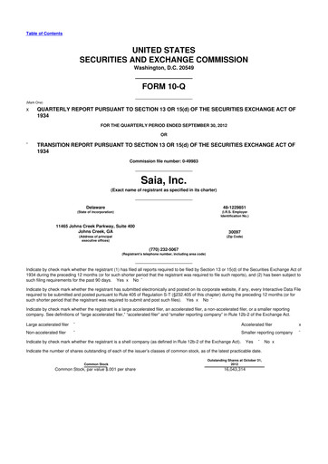 Thumbnail Saia
 10-Q Quarterly Report FY2012 