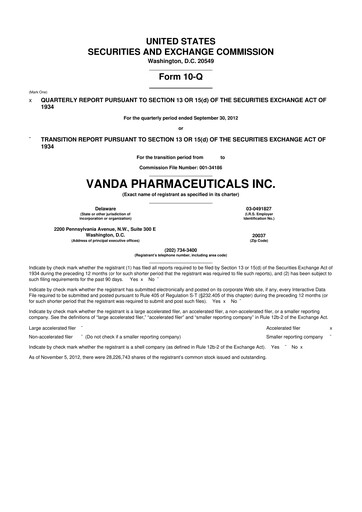 Miniature Vanda Pharmaceuticals 10-Q Rapport trimestriel 2012 