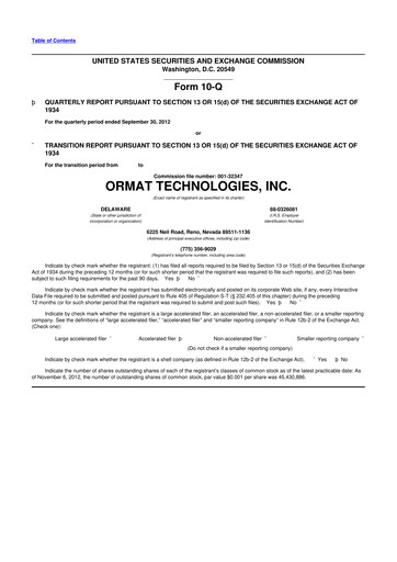 Miniature Ormat Technologies
 10-Q Rapport trimestriel 2012 