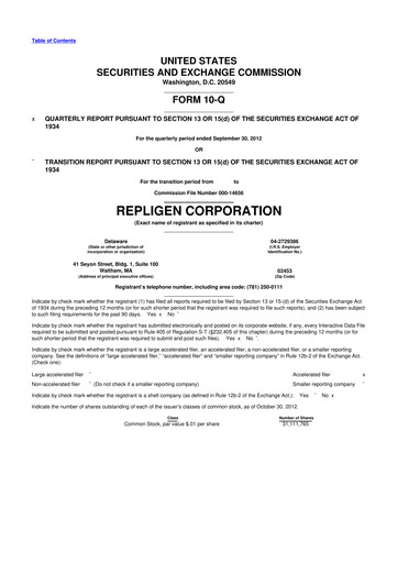 Miniature Repligen
 10-Q Rapport trimestriel 2012 