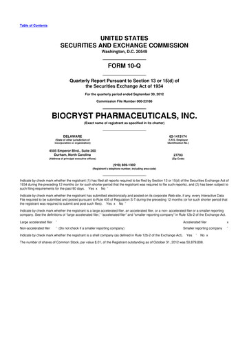 Thumbnail BioCryst Pharmaceuticals
 10-Q Quarterly Report FY2012 