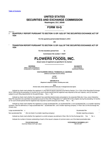 Miniature Flowers Foods
 10-Q Rapport trimestriel 2012 