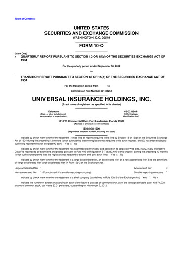 Thumbnail Universal Insurance Holdings 10-Q Quarterly Report FY2012 