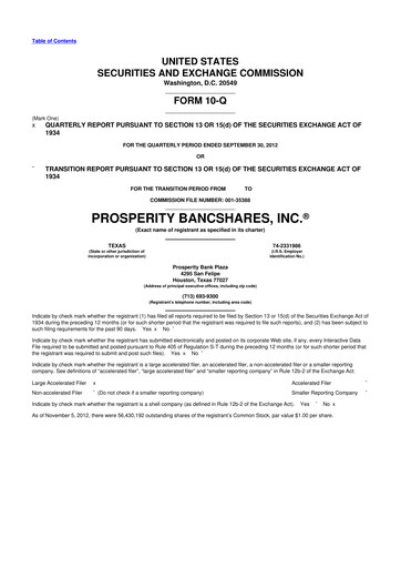 Thumbnail Prosperity Bancshares
 10-Q Quarterly Report FY2012 
