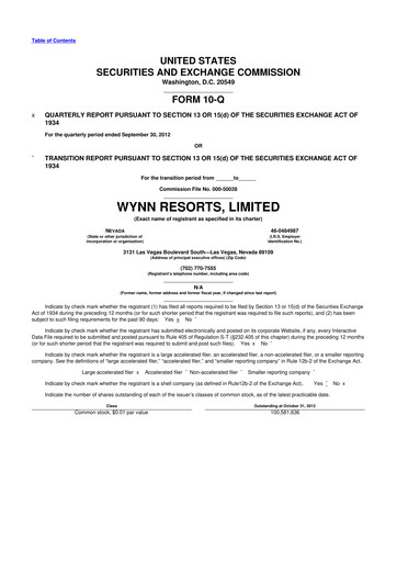 Thumbnail Wynn Resorts
 10-Q Quarterly Report FY2012 
