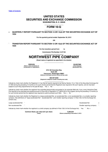 Thumbnail Northwest Pipe Company
 10-Q Quarterly Report FY2012 