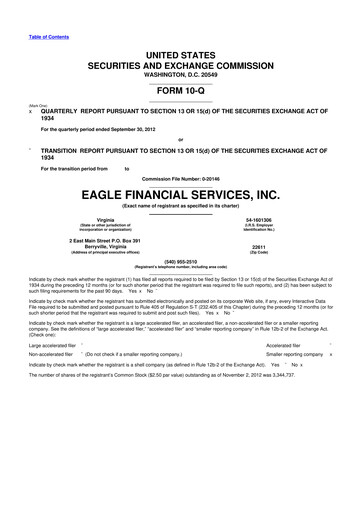 Thumbnail Eagle Financial Services 10-Q Quarterly Report FY2012 