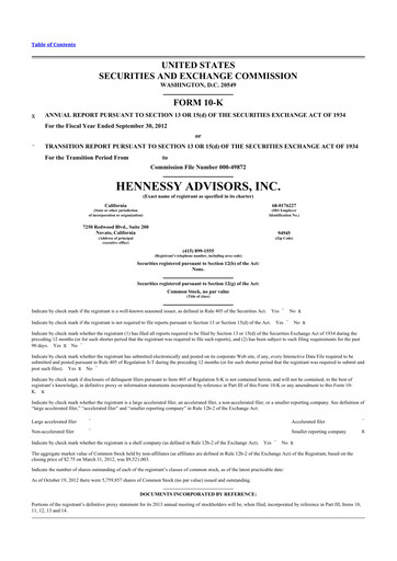 Miniature Hennessy Advisors 10-K Rapport annuel 2012